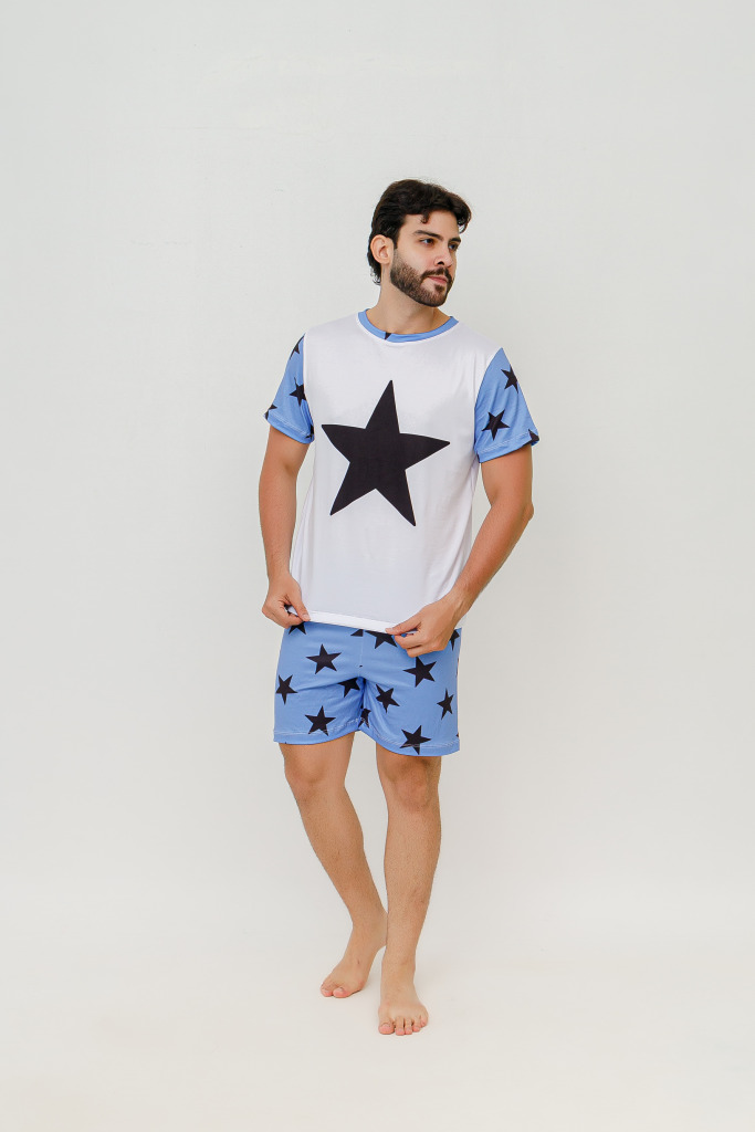 Pijama Adulto Masculino Curto Estrela Azul Claro