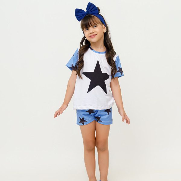 Pijama Infantil Menina Curto Estrela Azul Claro