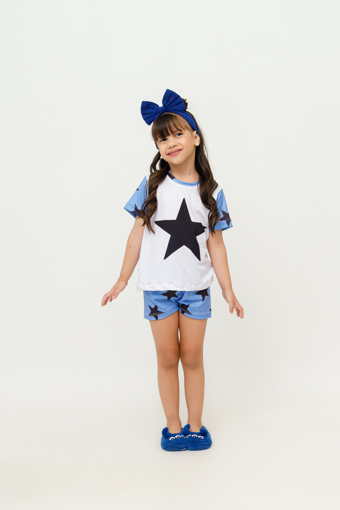 Pijama Infantil Menina Curto Estrela Azul Claro