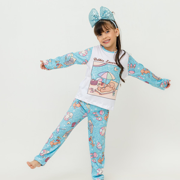 Pijama Infantil Menina Longo Bobbie Lovers Praia Azul
