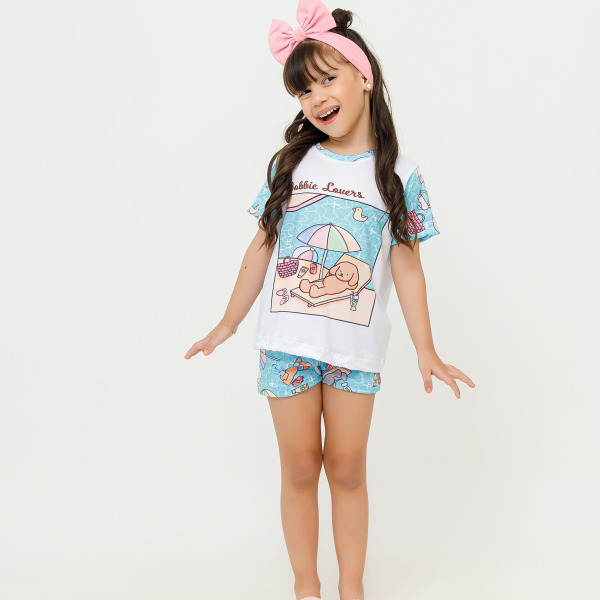 Pijama Infantil Menina Curto Bobbie Lovers Praia Azul
