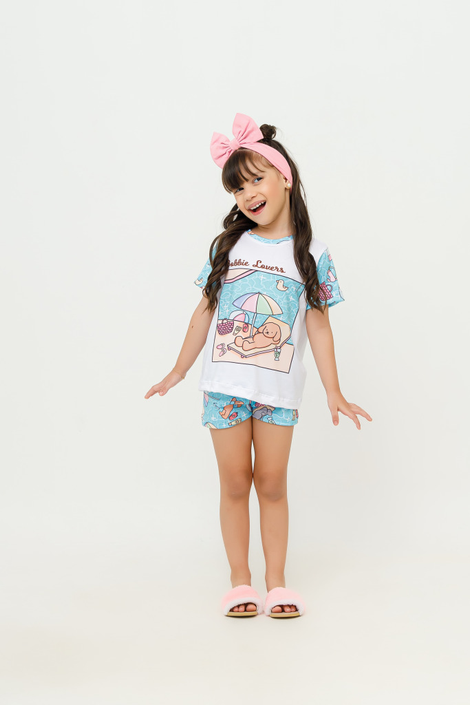 Pijama Infantil Menina Curto Bobbie Lovers Praia Azul