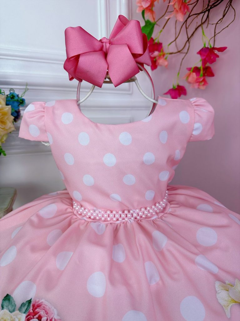Vestido Infantil Rosa Bebê Florido Primavera Cinto Pérolas